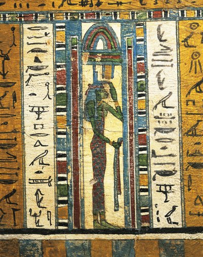 Rapattu ja maalattu puupaneeli, joka kuvaa jumalatar Isis, Thebesin Usain sarkofagista tekijältä Egyptian 26th Dynasty