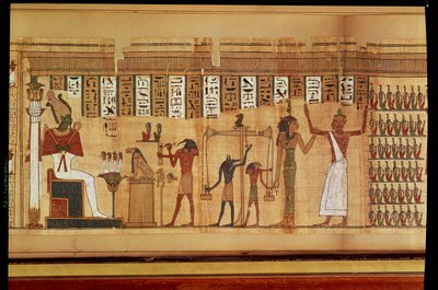Osiriksen tuomio, yksityiskohta kuolleiden kirjasta, myöhäinen aika (papyrus) tekijältä Egyptian 30th Dynasty