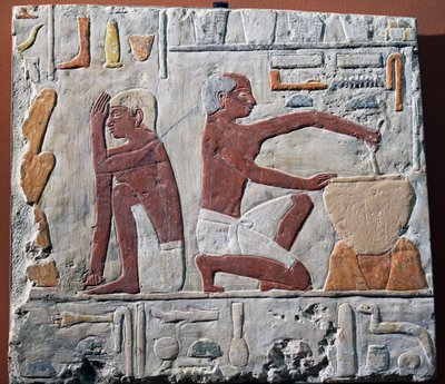 Leivän valmistus ja leivonta, 2500-2350 eKr. (maalattu kalkkikivi) tekijältä Egyptian 5th Dynasty