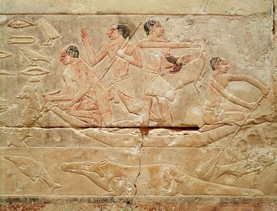 Reliefi, joka kuvaa miehiä veneessä, prinsessa Idutin haudalta, vanhasta kuningaskunnasta, noin 2330 eKr. (maalattu kalkkikivi) tekijältä Egyptian 6th Dynasty