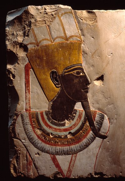 Egyptiläinen antiikki: yksityiskohta kalkkikivimaalauksesta, joka kuvaa hedelmällisyyden jumalaa Amon Min (Amon-Min). Luxor, Egyptin taidemuseo tekijältä Egyptian Egyptian