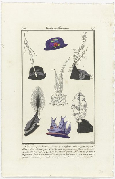 Lisätarvikkeet Journal des Dames et des Modes, Costumes Parisiens, 1914, nro 171: Arlettin hatut (...) tekijältä Eiger