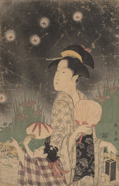 Nainen ja lapsi pyydystävät tulikärpäsiä, n. 1793. tekijältä Eishōsai Chōki