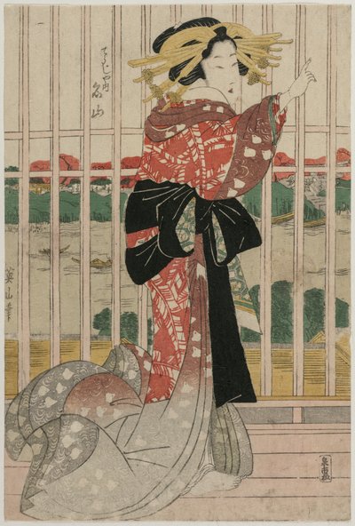 Chojiyan kurtisaani Meizan parvekkeella, josta on näkymät Sumida-joelle, noin 1820-luvun alussa tai puolivälissä. tekijältä Kikugawa Eizan