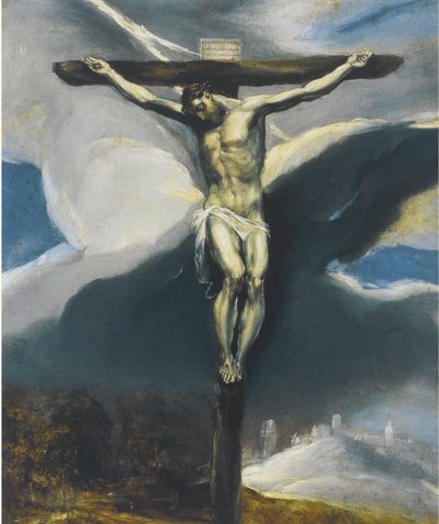 Kristus ristillä maisemassa tekijältä El Greco
