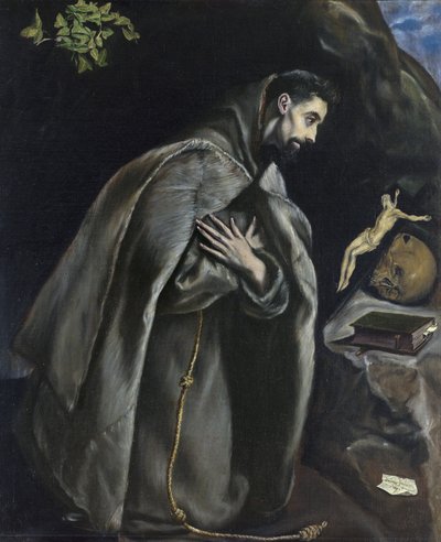 Pyhä Franciscus rukouksessa ennen krusifiksiä tekijältä El Greco