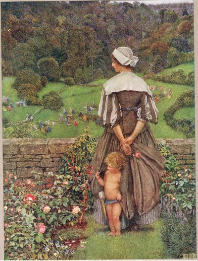 Sävy ja huuto Cupidin jälkeen, kuvitus teoksesta "The Book of Old English Songs and Ballads", julkaisija Hodder ja Stoughton, n. 1910 (värilitho) tekijältä Eleanor Fortescue Brickdale