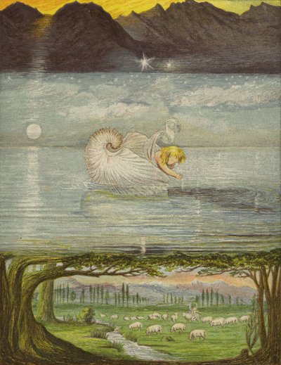 Kultainen vene suurella, suurella vedellä (väri litho) tekijältä Eleanor Fortescue Brickdale