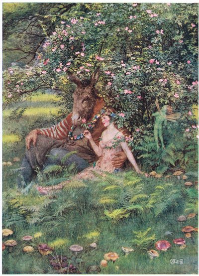 Bottom ja Titania: "Tule istumaan tälle kukkaistuimelle" (litho) tekijältä Eleanor Fortescue Brickdale