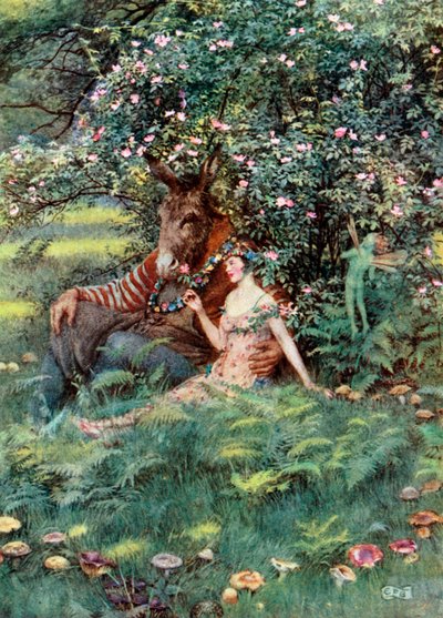 Bottom ja Titania. Shakespeare. Juhannusyön uni (värilitografia). tekijältä Eleanor Fortescue-Brickdale