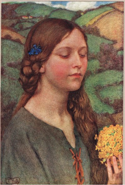 Kukkakimppu, kuvitus teoksesta "The Book of Old English Songs and Ballads", julkaisija Hodder ja Stoughton, n. 1910 (värilitho) tekijältä Eleanor Fortescue Brickdale