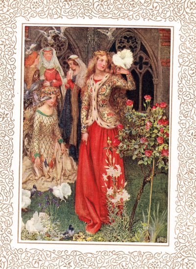Guinevere ja hänen naisensa kultaisina päivinä, kuvitus Alfred Tennysonin (1809-92) julkaisusta "Idylls of the King", julkaisija Hodder & Stoughton tekijältä Eleanor Fortescue Brickdale