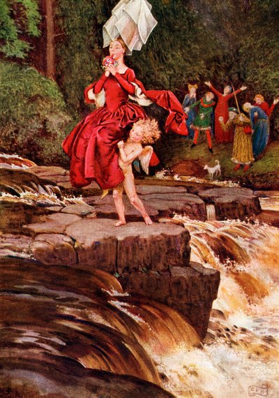 Kuvitus Anonin runoon "The Great Adventurer" kirjasta "Palgraven kultainen laulujen ja sanoituksen aarre", julkaistu 1919 (värilitho) tekijältä Eleanor Fortescue Brickdale