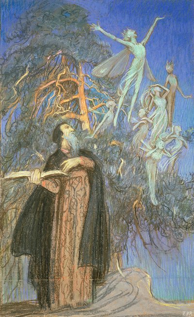 Prospero ja Ariel, Lontoon Broadcasting Houselle tilattu tutkimus kadonneesta kuvasta, n. 1931 (pastelli paperilla) tekijältä Eleanor Fortescue Brickdale