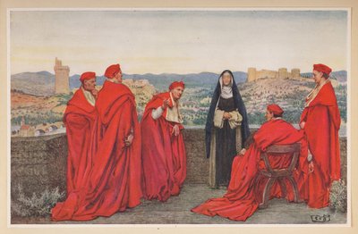 Pyhä Katariina Siena neuvottelee paavi Gregorius XI:n kanssa firenzeläisten puolesta. tekijältä Eleanor Fortescue Brickdale