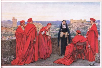 Pyhä Katariina Siennalainen neuvottelee paavi Gregorius XI:n kanssa firenzeläisten puolesta (litho) tekijältä Eleanor Fortescue Brickdale