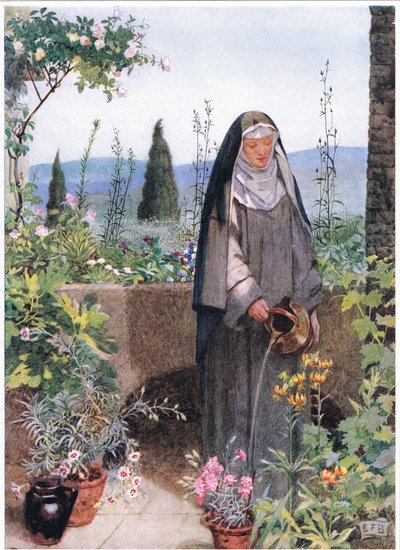 Pyhä Clare perustamansa luostarin puutarhassa (litho) tekijältä Eleanor Fortescue Brickdale
