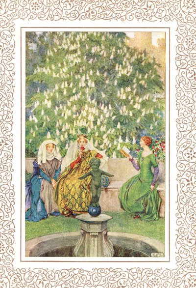 Kuningatar, joka istui parhaan Enidinsä ja pirteän Vivienin välissä..., kuvitus Alfred Tennysonin (1809-92) teoksesta "Idylls of the King", julkaisija Hodder & Stoughton tekijältä Eleanor Fortescue Brickdale