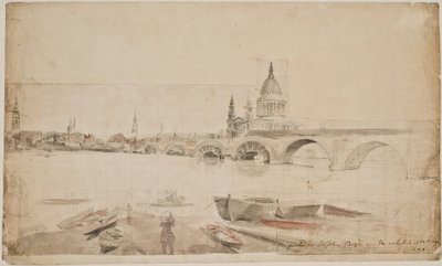 London Bridge ja St. Paulin katedraali nähtynä Thamesin rannan laidalta tekijältä Elias Martin