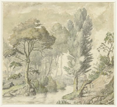Metsämaisema, jossa oikealla kukkula ja keskellä vettä tekijältä Elias van Nijmegen