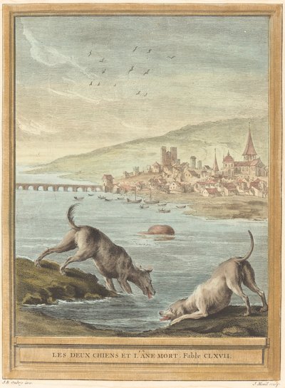 Kaksi koiraa ja kuollut aasi tekijältä Elie du Mesnil after Jean Baptiste Oudry