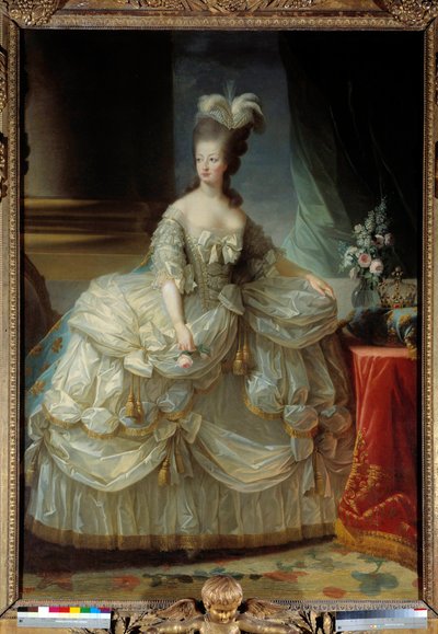 Lorraine Habsburg Ranskan kuningattaren (1755-1793) muotokuva Marie Antoinettesta jalassa suuressa hovipuvussa, ruusu kädessä Marie Elisabeth Louise Vigee Le brunin (tai Vigee-Lebrunin tai Vigee Lebrunin) maalaus (1755-1842) 1700-luku Aurinko. 2,23 x 1,58  tekijältä Elisabeth Louise Vigee Lebrun