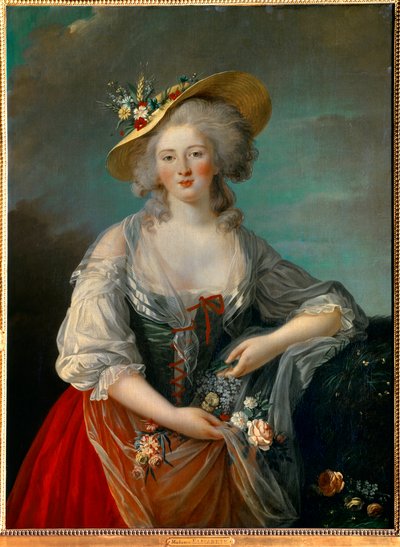 Muotokuva Elisabeth Filippiiniläisestä Marie Helenestä Ranskasta, joka tunnetaan nimellä Madame Elisabeth (1764-1794), Ludvig XVI:n sisar, joka oli edustettuna vuonna 1782, maalaispuvussa kukkia esittelevässä maalaus Marie Elisabeth Louise Vigee Le brun (t tekijältä Elisabeth Louise Vigee Lebrun