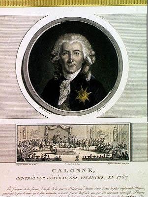 Charles Alexandre de Calonne (1734-1802) Ludvig XVI:n (1754-93) talouden yleinen valvoja, Charles Levachezin (fl.1760-1820) kaiverrus ja Jean Duplessi Bertaun The Assembly of Notables tekijältä Elisabeth Louise after Vigee Lebrun