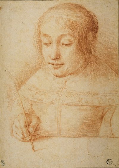 Nuori nainen kirjoittaa tai piirtää tekijältä Elisabetta Sirani