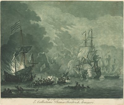Taistele seitsemää algeriinaa vastaan tekijältä Elisha Kirkall after Willem van de Velde the Elder
