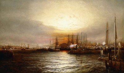Auringonnousu Chapman Dockista ja Old Brooklyn Navy Yardista, East River, New York tekijältä Elisha Taylor Baker