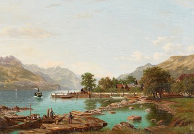 Maisema vuorten kanssa Maggiore-järven rannalla (öljy kankaalle) tekijältä Eliza Agnetus Emilius Nijhoff