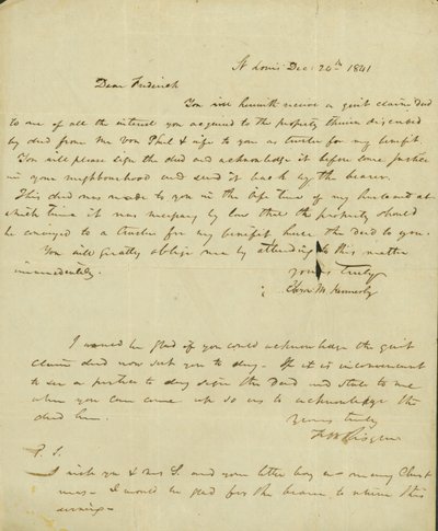Eliza Kennerlyn kirje Frederick Saugrainille 24. joulukuuta 1841 tekijältä Eliza Kennerly