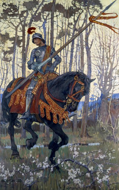 Haarniskaritar matkustaa metsän halki, kuvitus Elizabeth Adela Stanhope Forbesin teoksesta 