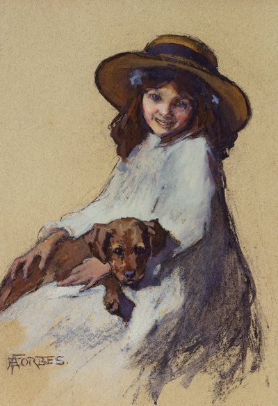 Nuori tyttö pentunsa kanssa tekijältä Elizabeth Adela Stanhope Forbes