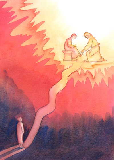 Henkilö, joka rakkaudesta Jumalaan rakastaa ja palvelee lähimmäistänsä, kävelee kovaa tietä kohti taivasta, jyrkät nousut, 2004 (paperilla) tekijältä Elizabeth Wang