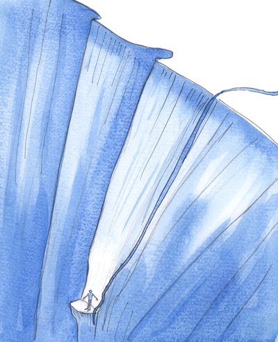 Vakavaan syntiin jäänyt ihminen on kuin joku, joka on jäänyt loukkuun pienelle reunalle, syvälle kuiluun, 2005 (vesiväri paperille). tekijältä Elizabeth Wang