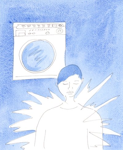 Pyykinpesukoneen sisusta pidetään kirkkaana ja kiiltävänä siinä olevien vaatteiden liikkeen kautta, toistuvissa pesuissa, 2002 (paperilla w/c) tekijältä Elizabeth Wang