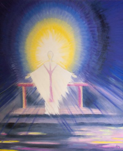 Messun pyhittämisen jälkeen Jeesus Kristus, tosi Jumala ja tosi mies, on läsnä kanssamme kaikessa kirkkaudessaan, 2000 (öljyä laivalla) tekijältä Elizabeth Wang