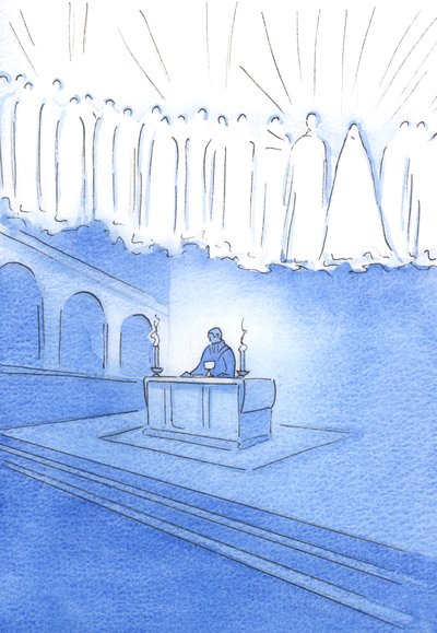 Kaikki, jotka rukoilevat vilpittömiä rukouksia messun pyhän uhrin aikana, rukoilevat Kristuksen kautta ja taivaan pyhien kanssa, 2002 (paperilla) tekijältä Elizabeth Wang