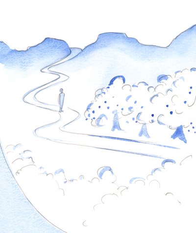 Hengellisen elämän korkeiden vuortenhuippujen keskellä on hedelmällinen laakso: Jumalan puutarha. "Tämä on Eden", 2002 (w/c paperilla) tekijältä Elizabeth Wang