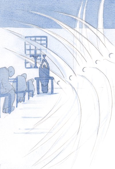 Enkelit kumartavat kunnioittavasti Kristuksen, Kuninkaamme edessä, kun Hänen kallisarvoinen verensä on läsnä alttareillamme, 2000 (paperilla) tekijältä Elizabeth Wang