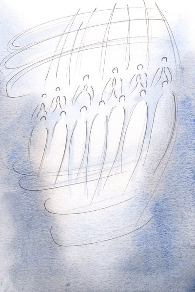 Enkelit ympäröivät pyhäköä rukoillen taivaan valon alla., 2001 (paperilla) tekijältä Elizabeth Wang
