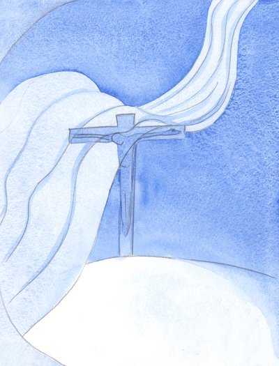 Kun Kristus vuodattaa verensä uudessa liitossa, suuri ilkeä tuuli pyyhkäisee ristin yli, uhkaa ja tuhoaa, 2001 (paperilla) tekijältä Elizabeth Wang