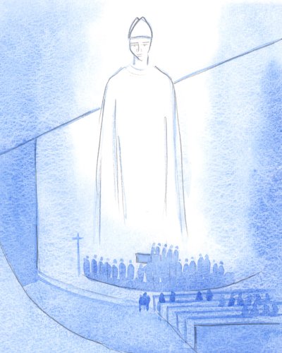 Kun uuden papin kädet voideltiin ("Voiko Jeesus varjella sinut?"), Kristus, piispanamme pukeutunut, seisoi pyhäkössä, 2001 (paperilla) tekijältä Elizabeth Wang