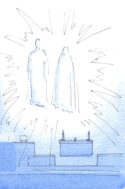 Heti kun tervehdin Kristusta tabernaakkelissa, näin hänen ilmestyvän korkealle pyhäkössä äitinsä kanssa vuosipäivävierailulle, 2003 (paperilla) tekijältä Elizabeth Wang
