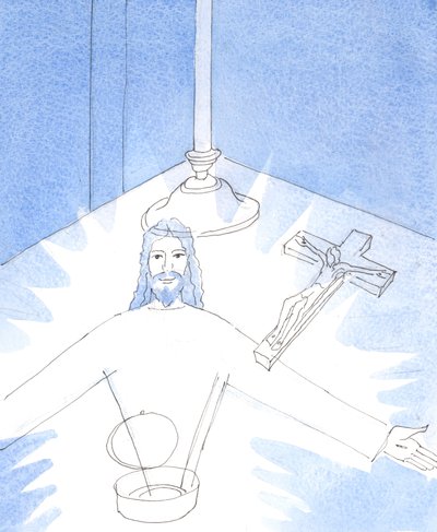 Heti kun pyx avattiin ja palvoin Jeesusta, todella läsnä pyhässä sotajoukossa, minulle näytettiin iloinen näkemys Jeesuksesta, joka ojensi kätensä tervehtiäkseen minua., 2004 (w/c paperilla) tekijältä Elizabeth Wang