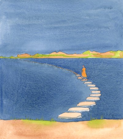 Koska toivomme päättävämme elämämme ikuisesti Jeesuksen kanssa, kristillinen matka on kuin kävely Galilean meren yli askelmerkkien polulla: melko turvallista niin kauan kuin kukaan ei kompastu, 2005 (akvarelli paperille). tekijältä Elizabeth Wang