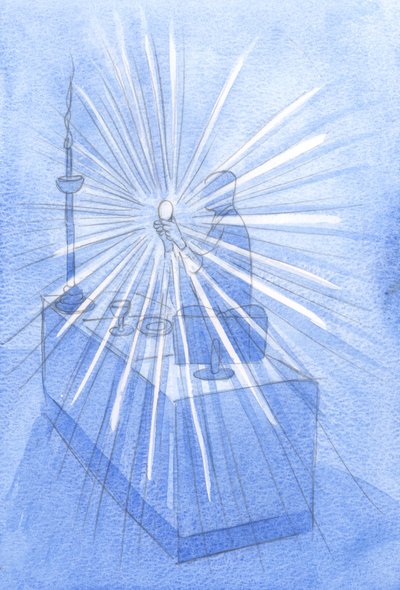 Corpus Christi -juhlissa (Kristuksen pyhä ruumis ja veri) kirkkaat valonsäteet virtasivat kohonneesta isännästä, 2001 (w/c paperilla) tekijältä Elizabeth Wang
