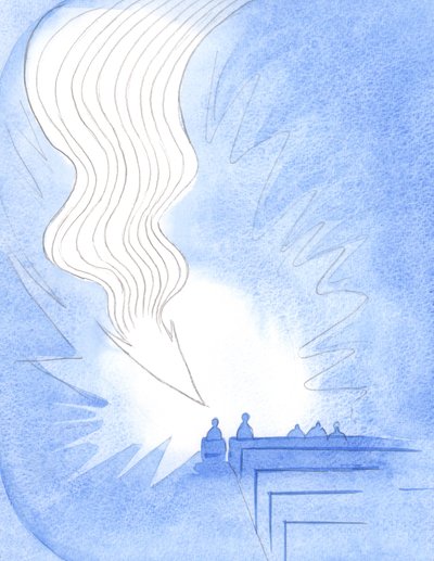 Pyhällä ehtoollisella laskeutui suuri liekki, kuin nuoli. Kristus oli saapunut Henkensä voimassa, Isän elämässä, omassa rakkaudessaan, 2001 (paperilla) tekijältä Elizabeth Wang